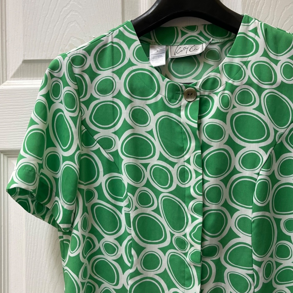 Vintage‎ Kathy Che Sz 8 Green & White Print Button Up Shirt Covered Placket USA